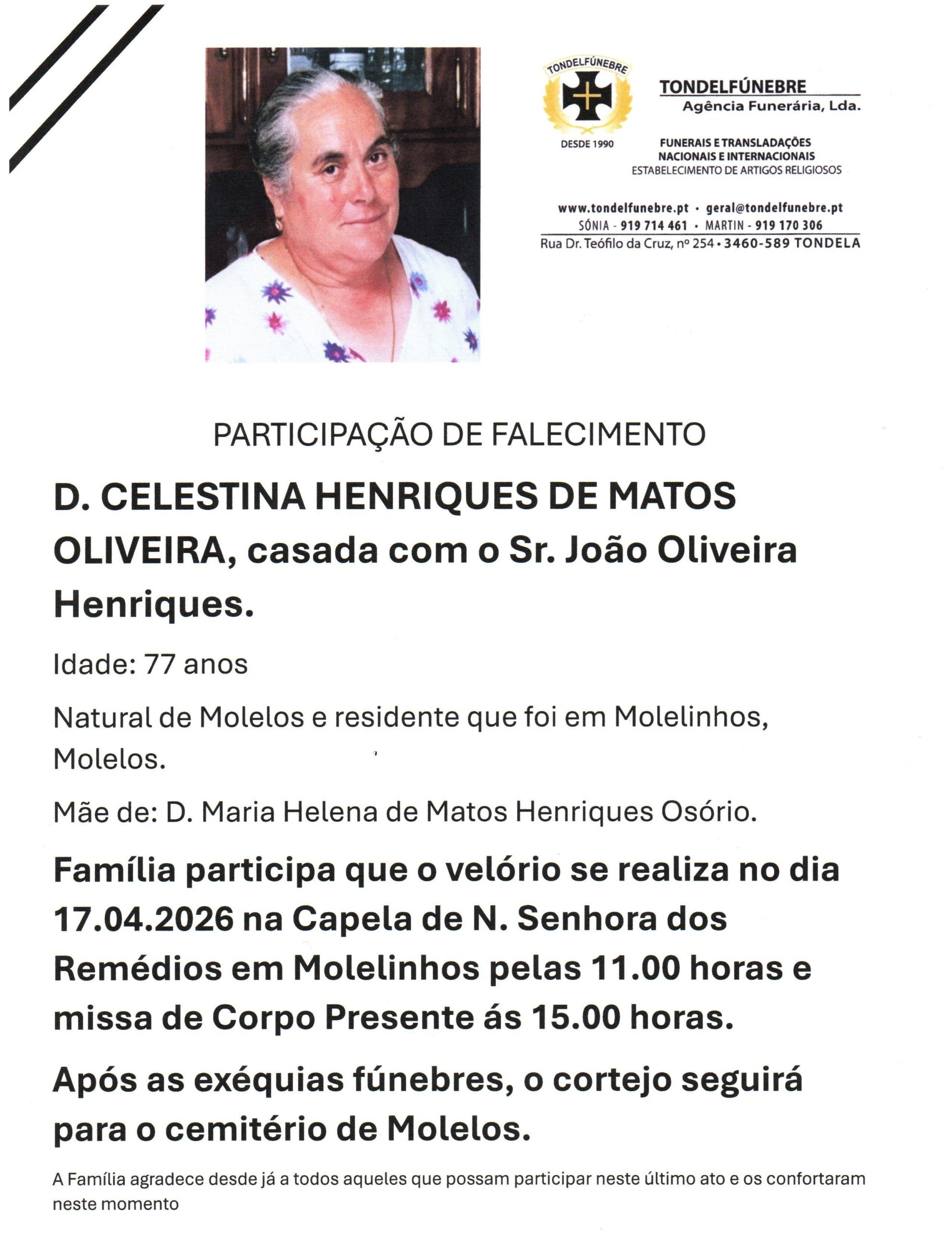 CELESTINA HENRIQUES DE MATOS OLIVEIRA